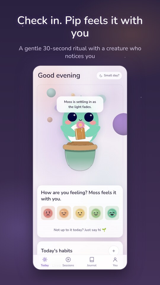 The ClarityNest home screen with Pip, a small plant companion, under a night sky